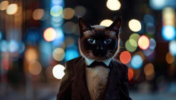 AI generated Elegant siamese cat in tuxedo against bokeh lights photo