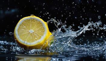 AI generated Fresh lemon splash on dark background photo