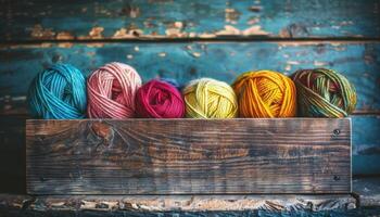 AI generated Colorful yarn balls on rustic wooden shelf photo