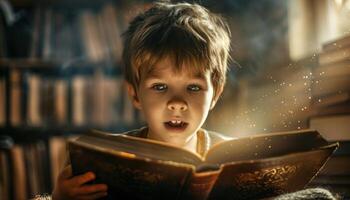 ai generado joven chico cautivado por un mágico libro, con ligero partículas arremolinándose alrededor foto