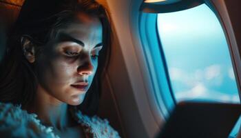 AI generated Contemplative woman on night flight photo