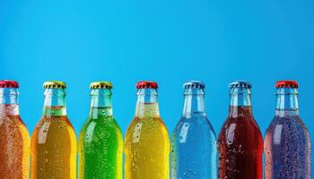 AI generated Colorful soda bottle lineup on blue background photo