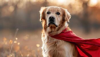 AI generated Majestic golden retriever with red scarf in autumn scene photo