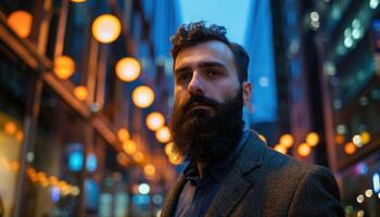 AI generated Urban sophistication man with beard in city lights photo