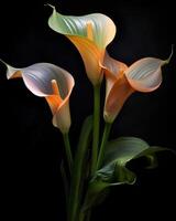 AI generated Bouquet of Calla lily over black background photo