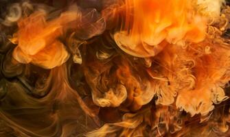 Vibrant Orange Smoke, Abstract Swirls in Black Ink Background photo