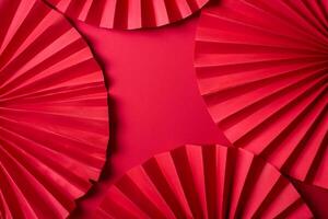 Traditional Paper Fans with Red Circles Against Chinese Ornamental Background. photo