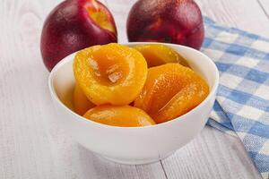 Canned peaches with sweet syrope photo