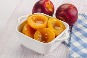 Canned peaches with sweet syrope photo