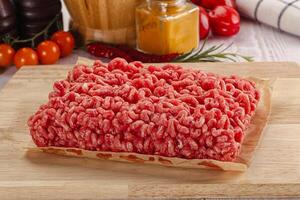 Raw minced beef meat over board photo