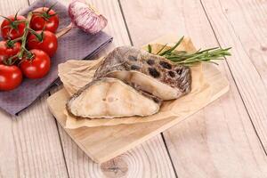 Raw wolffish steak for cooking photo