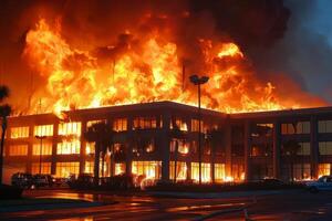 ai generado edificio atrapado en llamas foto