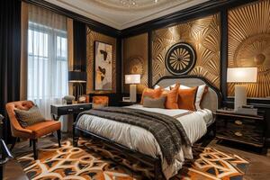 AI generated Art Deco-inspired bedroom, where geometric patterns photo