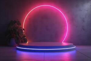 AI generated A minimalist podium characterized by its neon glow photo