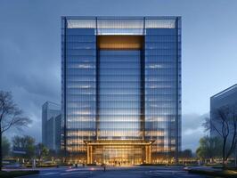 AI generated An office tower serving as a global business center, with premium office suites, executive lounges photo