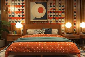 ai generado un medio siglo estilo moderno dormitorio, completar con icónico mueble piezas foto