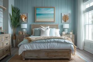 AI generated A coastal-inspired bedroom sanctuary, complete with coastal-themed decor accents photo