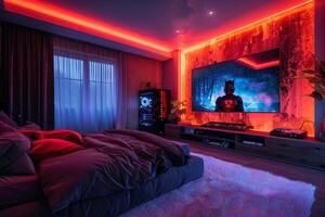 AI generated A gamer's bedroom with LED wall washers photo