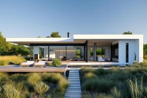 AI generated A panoramic scene featuring the modern white house nestled amidst verdant landscapes photo