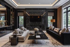 AI generated A luxurious living room with elegant black color schemes photo