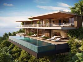 AI generated A modern house nestled amidst lush tropical vegetation photo