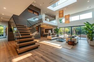 AI generated A modern luxury home interior boasting an open-concept layout and a grand staircase photo