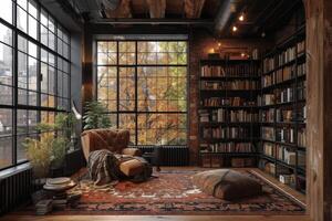 AI generated An industrial-style reading nook, characterized by built-in bookshelves photo
