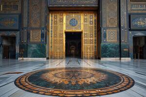 A large, ornate building with gold trim and a large, circular floor photo