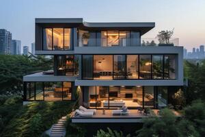 AI generated A modern house nestled amidst the bustling cityscape photo