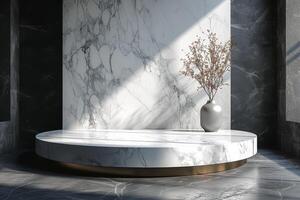 AI generated A minimalist podium adorned with luxurious marble textures photo