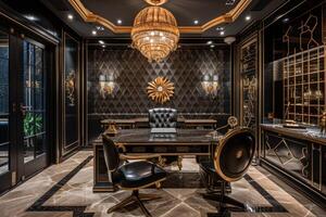 AI generated A lavish Art Deco office space with a grand executive desk featuring intricate inlays photo