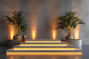 AI generated A minimalist podium adorned with gleaming gold finishes photo