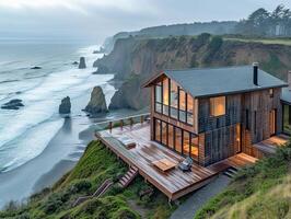 AI generated A ranch house perched on a cliff overlooking the Pacific Ocean photo