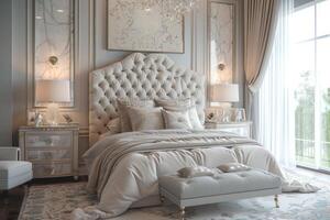 AI generated A luxury bedroom design with marble accents, custom cabinetry photo