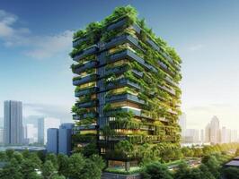AI generated An office building adorned with lush vertical gardens cascading down its exterior photo