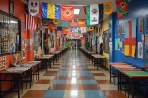 ai generado un colegio pasillo durante un cultural intercambiar evento foto