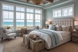 AI generated A coastal-style bedroom sanctuary, featuring panoramic ocean views photo