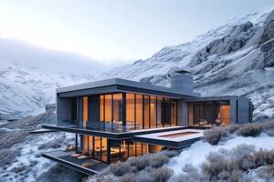 AI generated A modern minimalist house situated high in the mountains photo