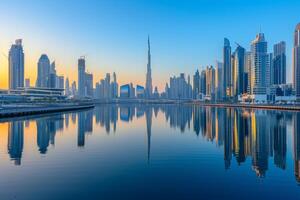 AI generated City skyline of Dubai from the perspective of the Dubai Water Canal photo