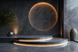 AI generated A sleek podium featuring a dark glossy texture photo