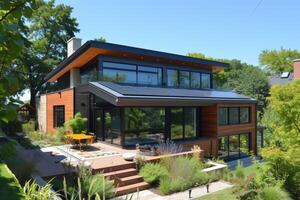 ai generado un minimalista eco casa con pasivo solar diseño foto