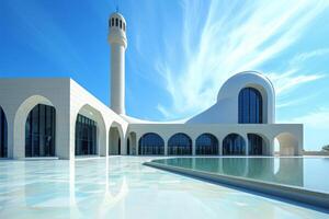 A modern mosque set against a backdrop of a clear blue sky and bathed in daylight photo