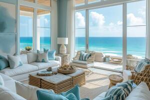 AI generated A coastal-inspired living room, characterized by panoramic ocean views photo