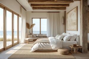 AI generated A coastal-inspired bedroom retreat, complete with panoramic ocean views photo