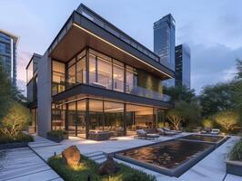 AI generated A contemporary house nestled in the heart of a bustling city photo