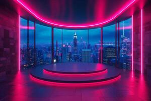 AI generated A sleek podium featuring neon lights photo