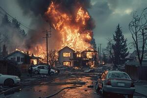 ai generado edificio atrapado en llamas foto