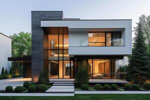 AI generated A modern minimalist house located in the heart of the downtown district photo
