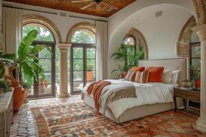 AI generated A Mediterranean-inspired bedroom with marble archways photo