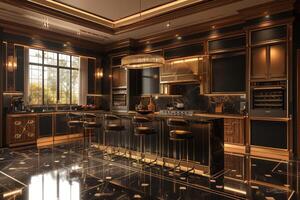 AI generated Art Deco kitchen with streamlined silhouettes, exotic materials photo